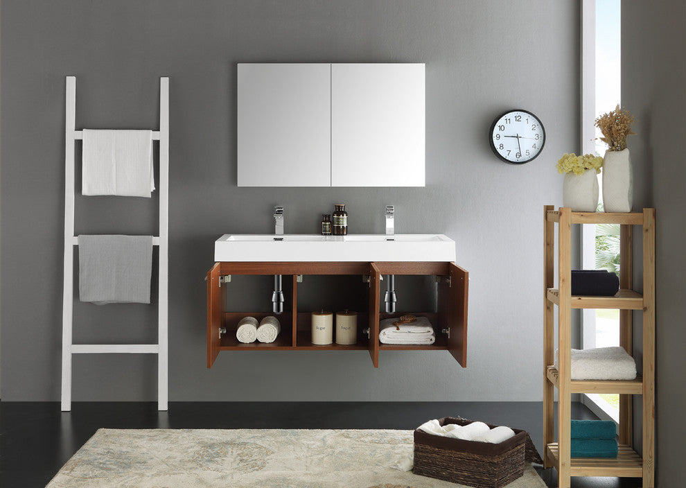 Vista 48" Teak Wall Hung Double Sink Modern Bathroom Vanity, FFT3111BN
