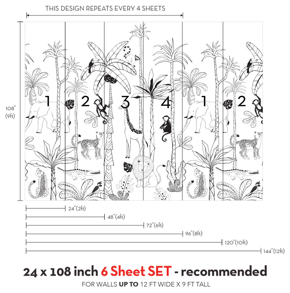 Safari Jungle Illustration Peel and Stick Vinyl Mural, Black, 24"x108", 6 Panel Set