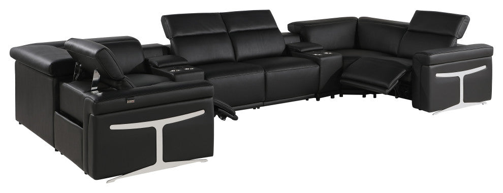 GIOVANNI 8-Piece 2-Power Reclining Italian Leather Sectional, Black