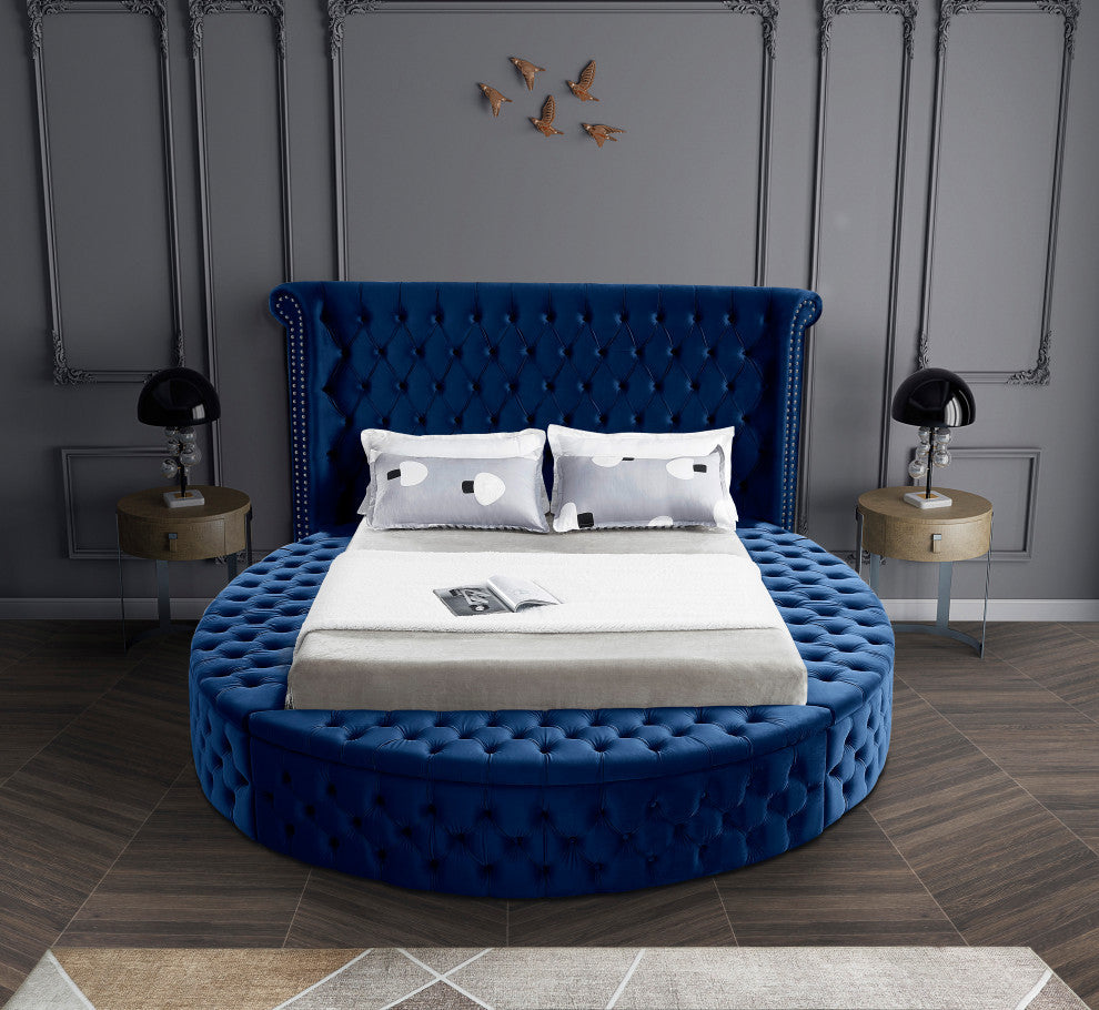 Luxus Button Tufted Velvet Round Bed, Navy, King