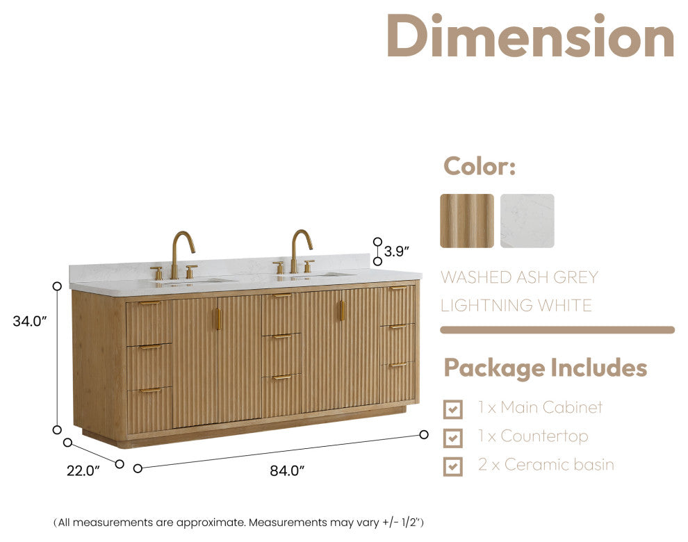 Vinnova Cadiz Bath Vanity, Composite Stone Top, Washed Ash Grey, 84", No Mirror