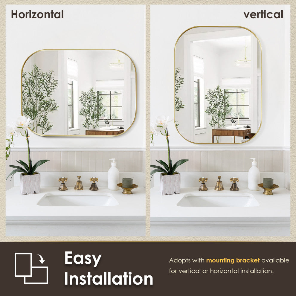 Trielle Rectangular Framed Bathroom Wall Mirror, Brushed Gold, 24"