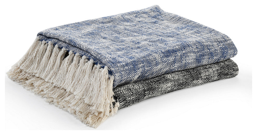 Boho Chambray Throw Blanket with Fringe, Navy Blue
