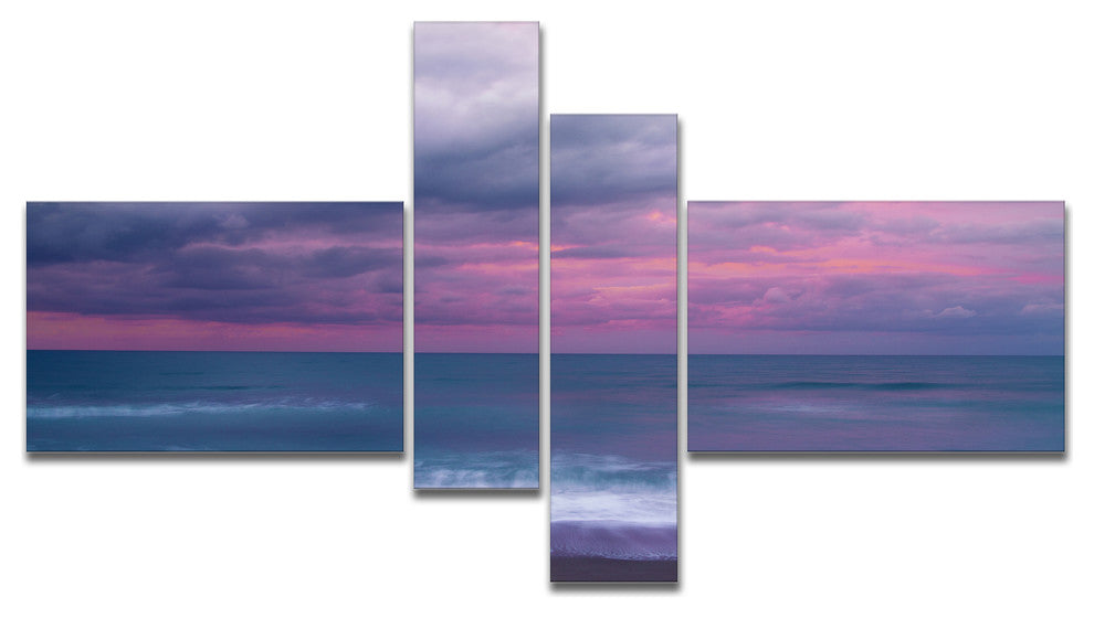 Blue and Pink Unset over Sea, Seashore Canvas Art Print, 60"x32", 4 panels