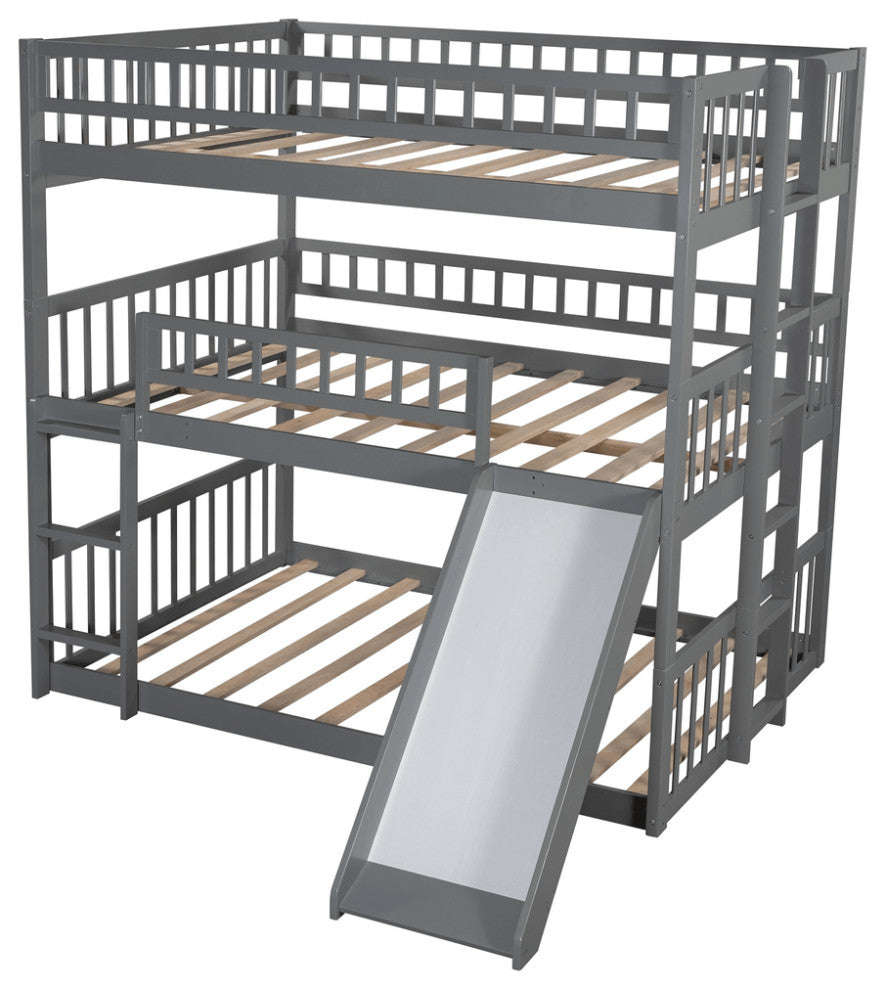 Gray Full Over Full Over Full Contemporary Bunk Bed With Slide