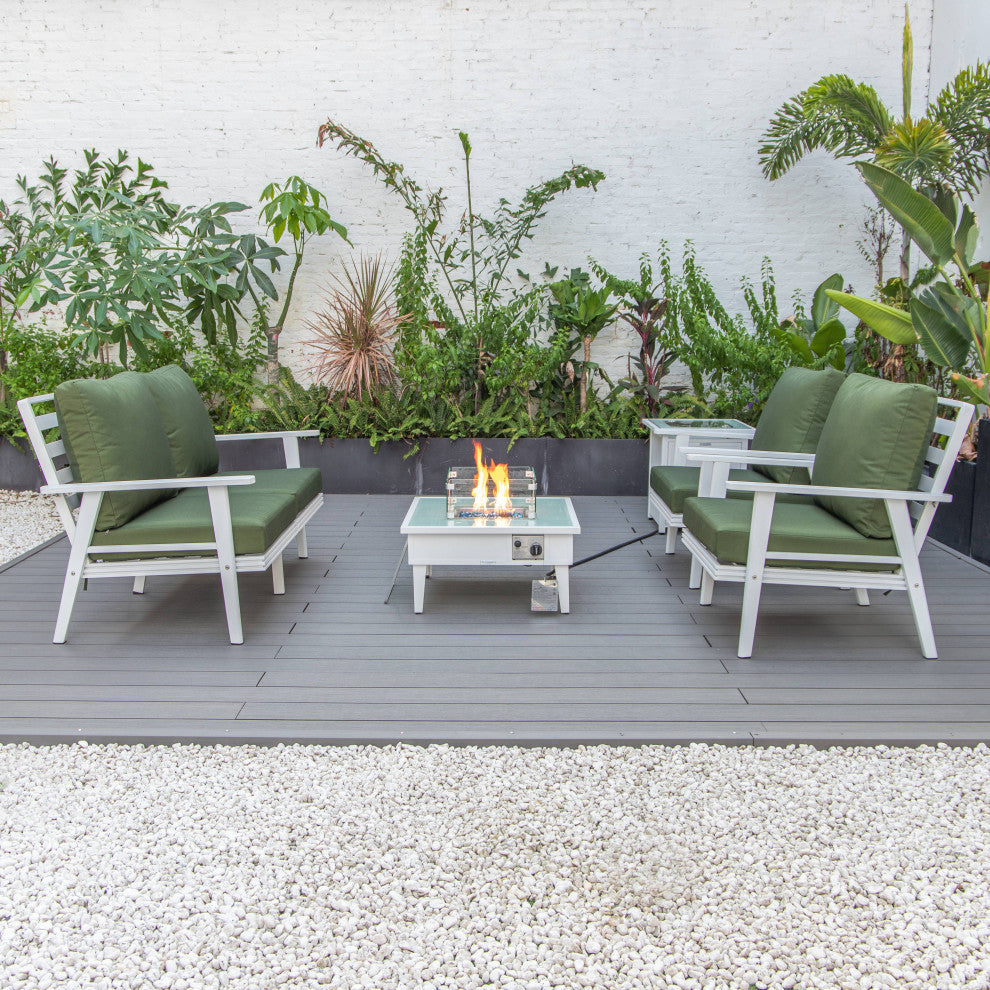 LeisureMod Walbrooke Patio Conversation Set With Fire Pit Table, Green