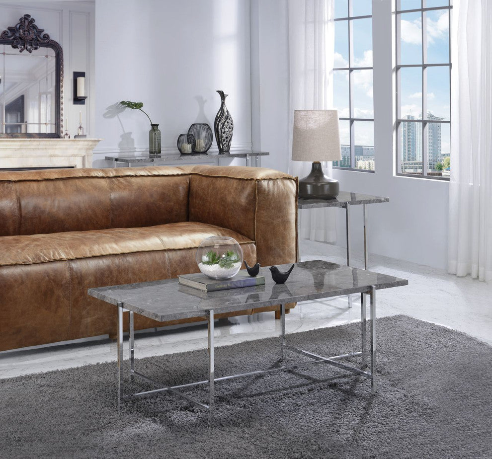 ACME Adelae End Table, Faux Marble and Chrome