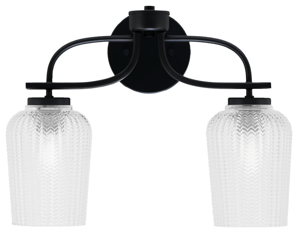 Cavella 2 Light Bath Bar In Matte Black Finish, 5" Clear Textured Glass