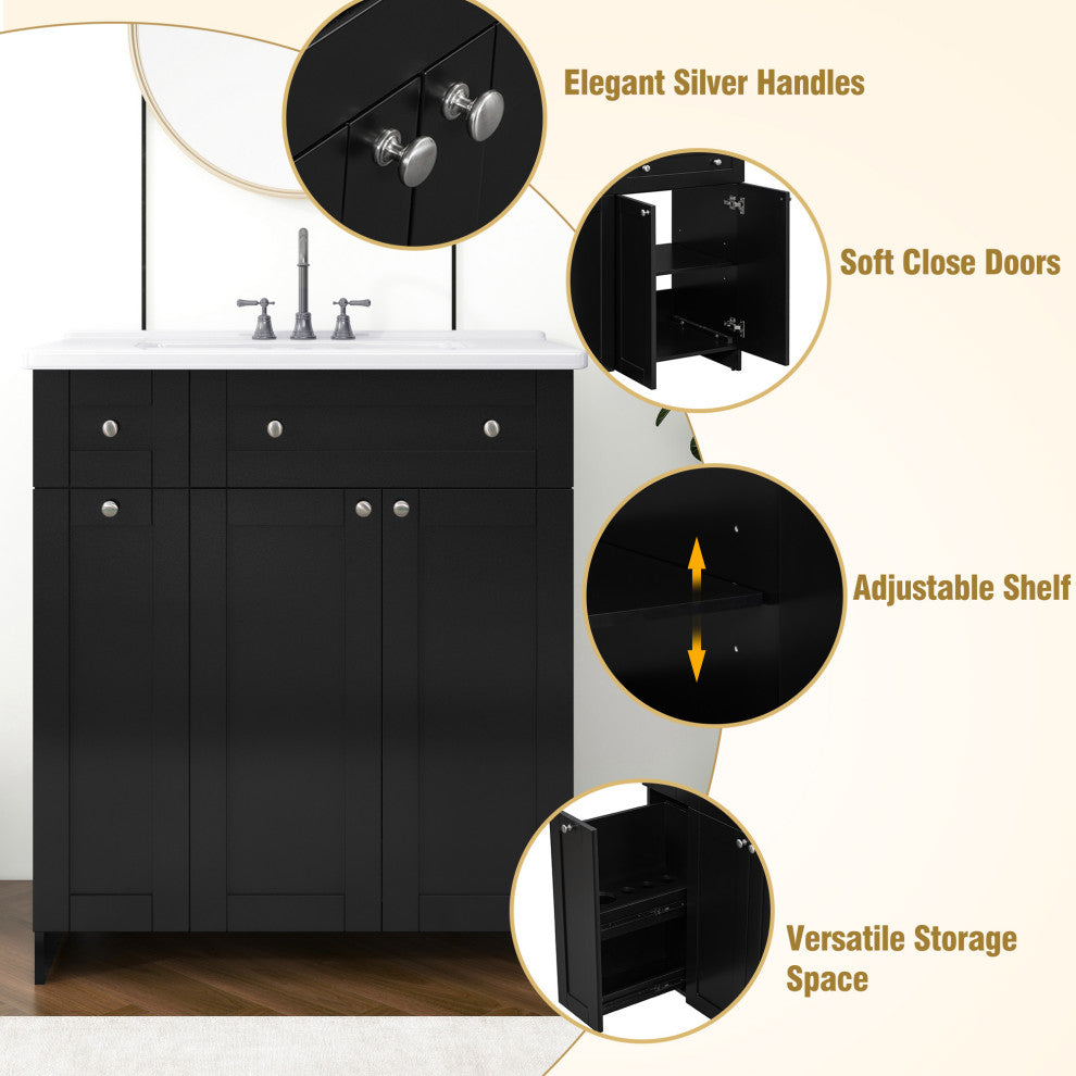 TATEUS 30" Bathroom Vanity with Ceramic Basin Resin Sink, black