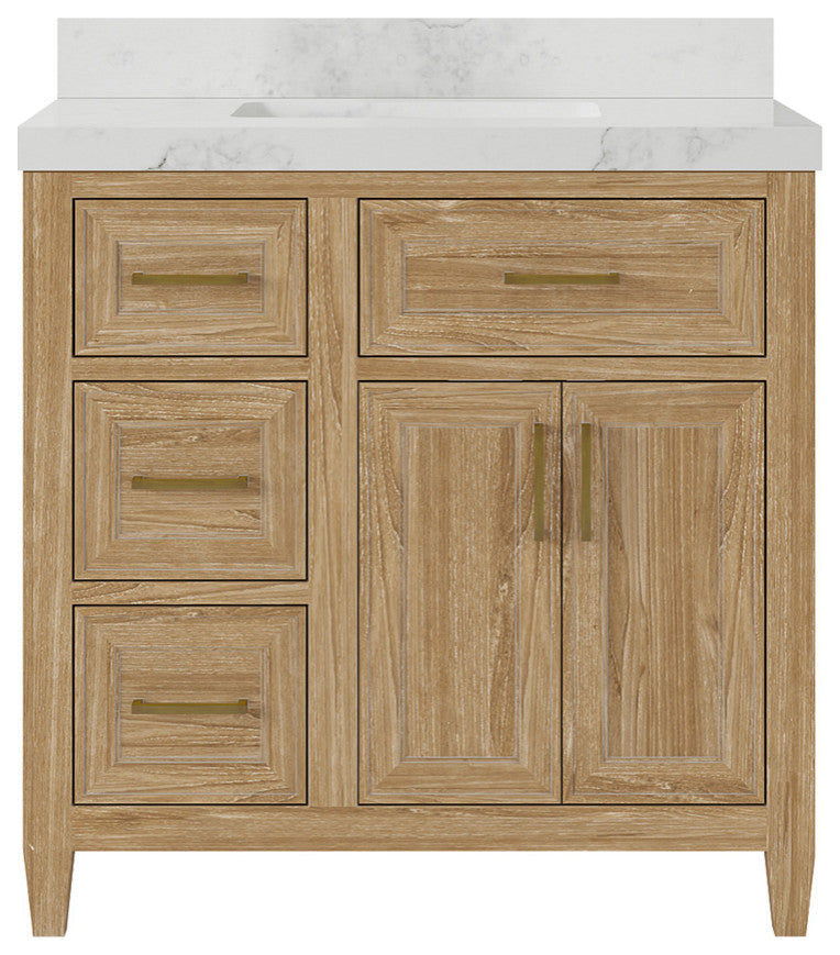 Santa Monica 36 Center Sink Bath Vanity in Whitewashed Teak 2" Calacatta Nuvo