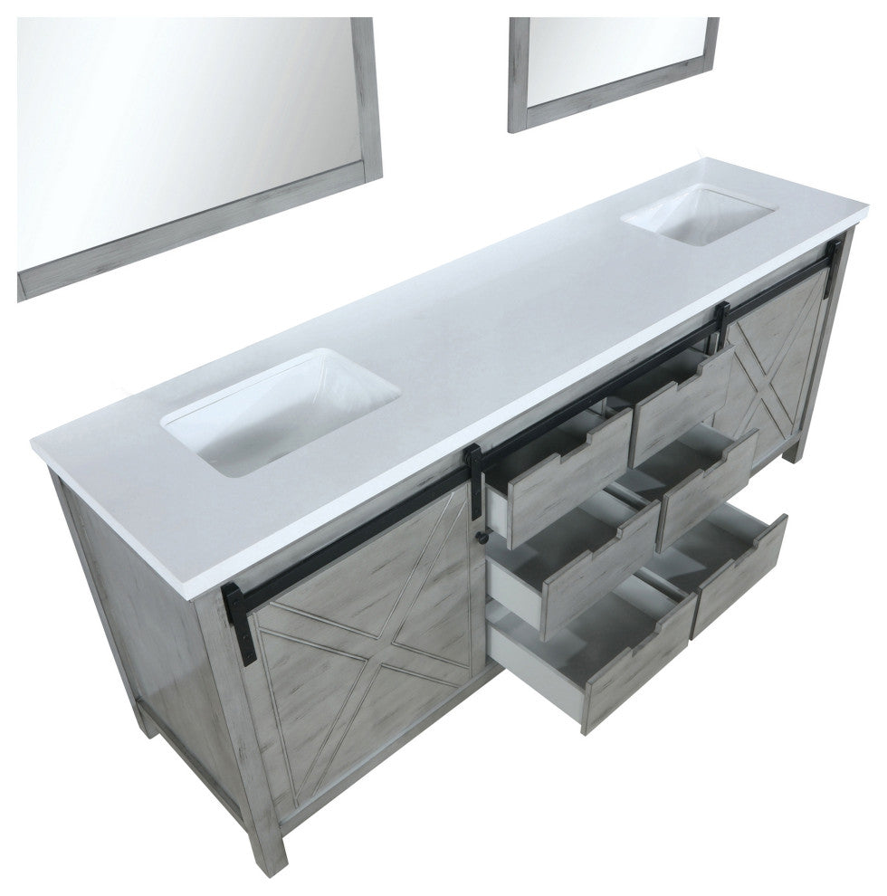 Marsyas 80" Ash Gray Double Vanity Ash Gray Quartz Top Sinks, 30" Wall Mirrors