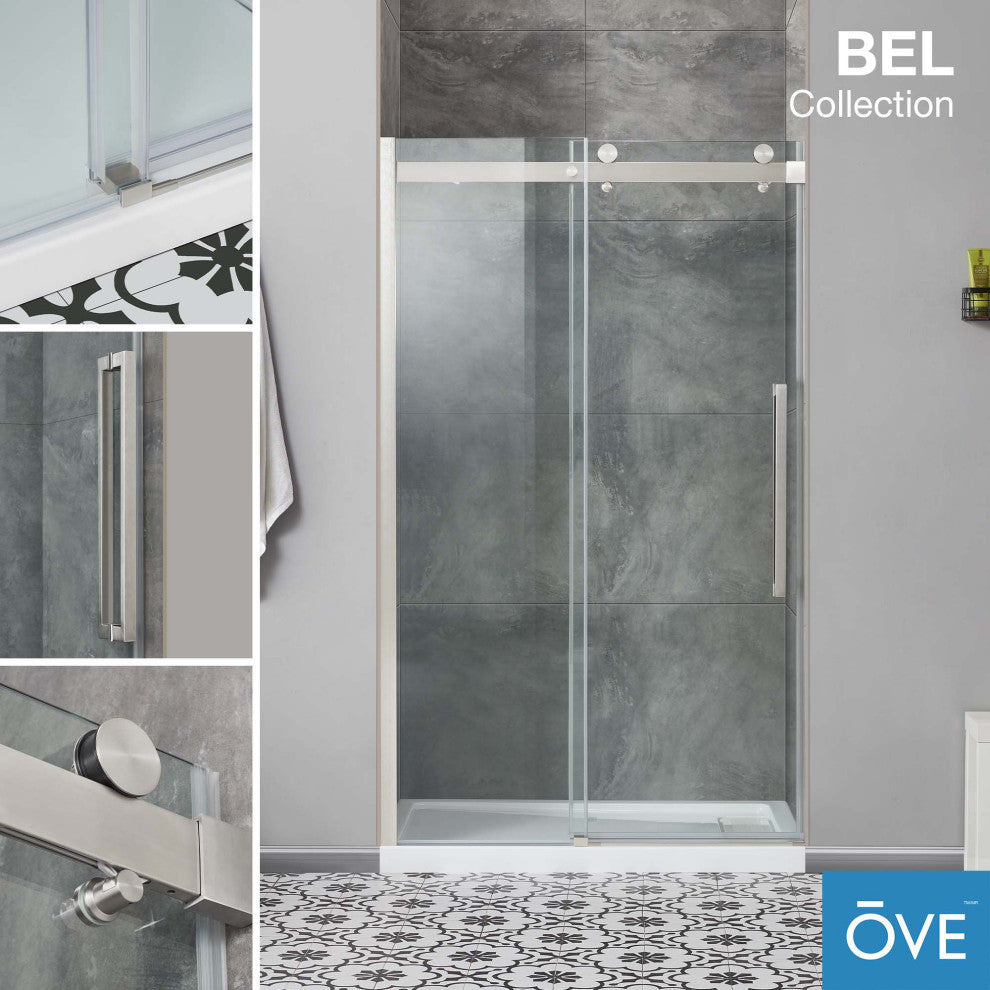 Bel Soft-Close Frameless Sliding Soft Close Shower Door, Satin Nickel, 48"