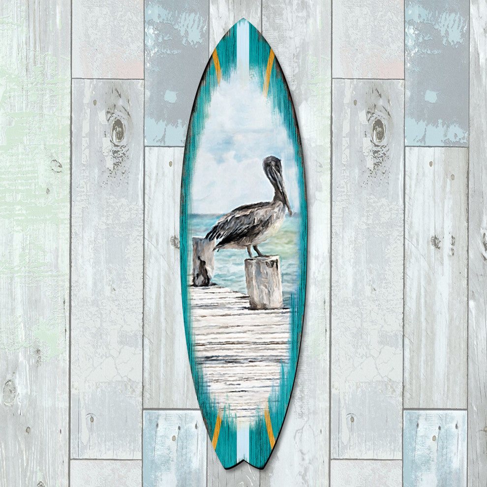 Pelican Surfboard Coastal Door Art, Approximate Size: 24x7