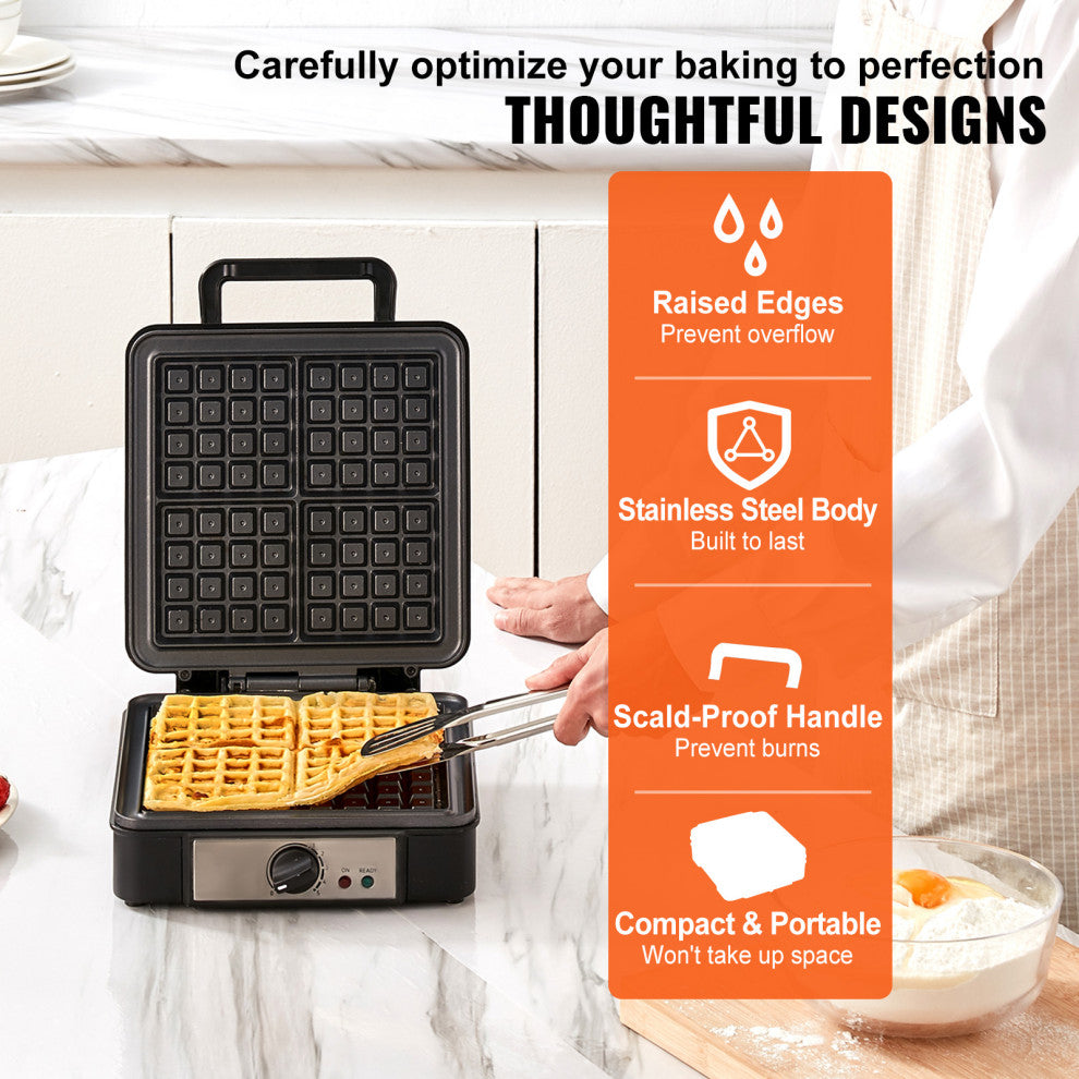VEVOR 4 Slices Square Waffle Maker 1200W Electric Non-Stick Waffle Iron 120V