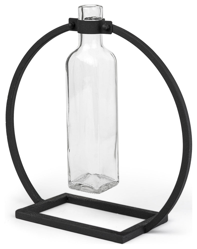 Modern Industrial Black Rectangle Metal and Glass Vase