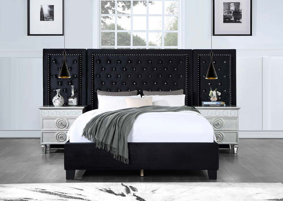Frances Oversized Headboard Platform Bed, Black Velvet, Queen
