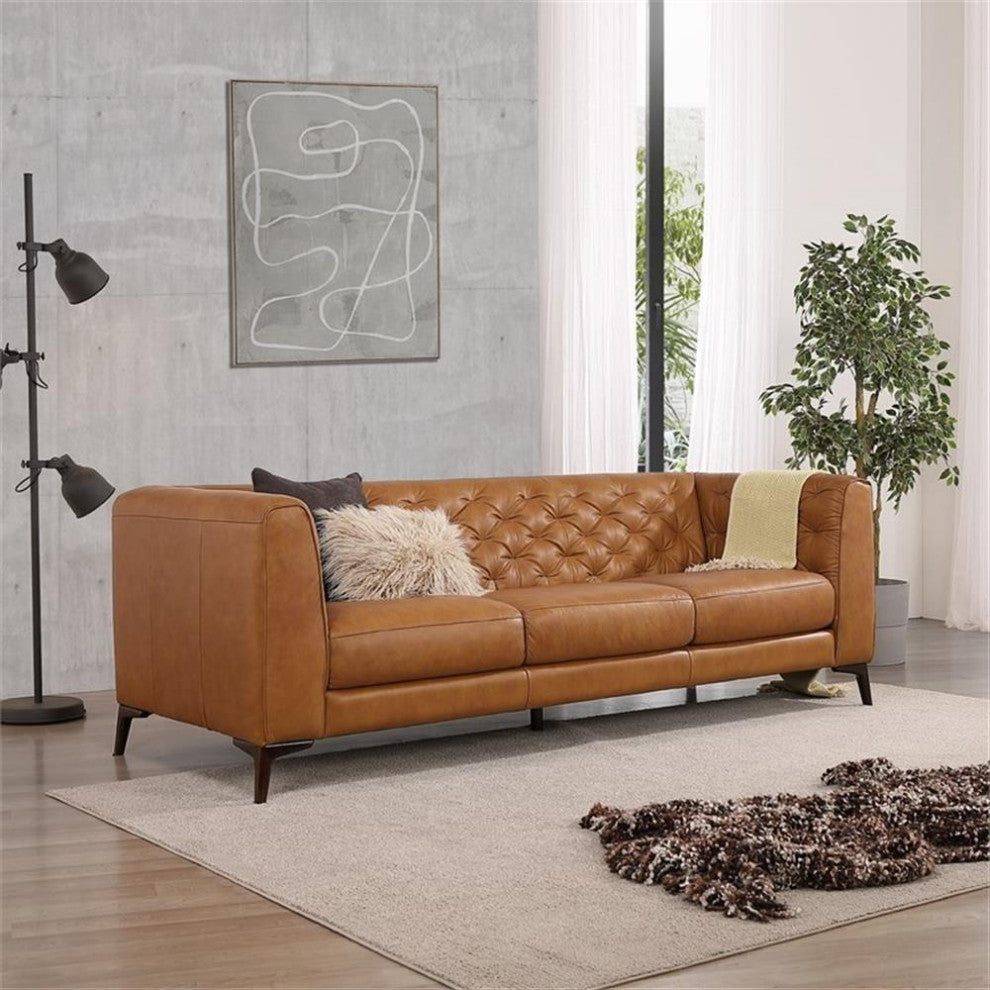 Flore Mid Century Modern Chesterfield Genuine Leather Sofa in Cognac Tan