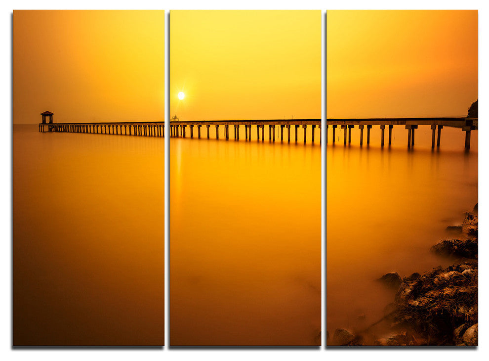 "Yellow Tinged Seashore and Long Pier" Metal Wall Art, 3 Panels, 36"x28"