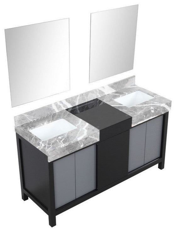 Zilara 60" Black and Grey Double Vanity, 28" Frameless Mirrors