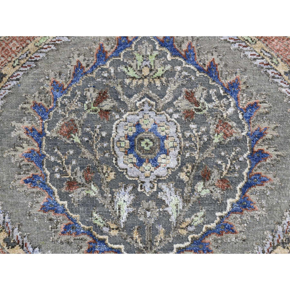 Storm Gray Mughal Design Silk With Wool Hand Knotted Runner Rug 2'6"x10'
