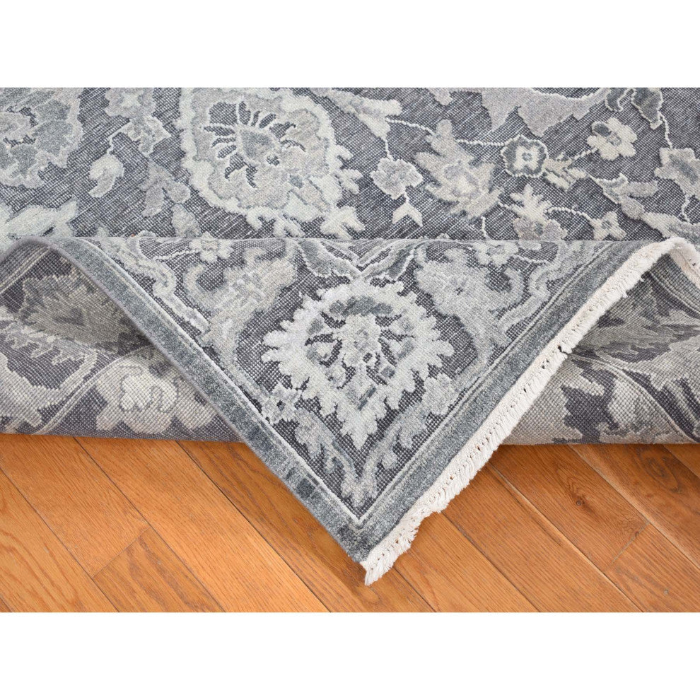 Thunder Gray, Hand Knotted Oushak Influence Silk Wool Oriental Rug, 7'9"x10'