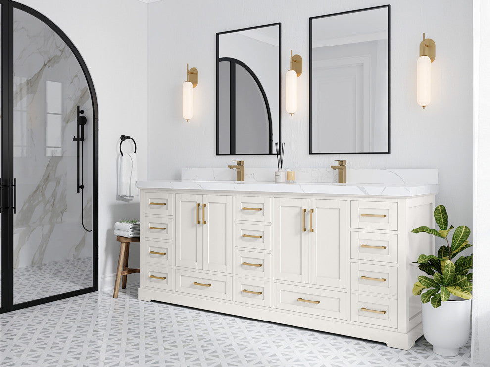 Boston 84" Double Sink Bath Vanity in Alabaster 2" Calacatta Sienna