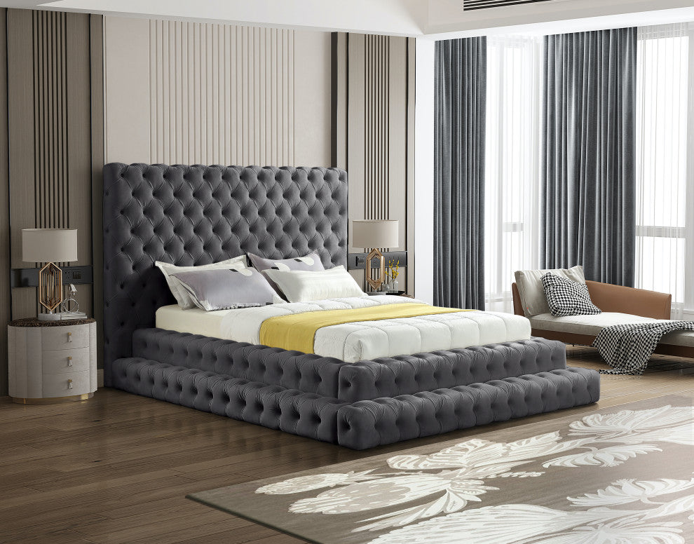 Revel Velvet Upholstered Bed, Gray, Queen