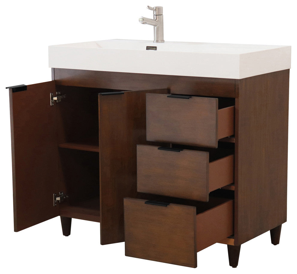 39" Single Sink Vanity, Walnut With White Composite Granite Top