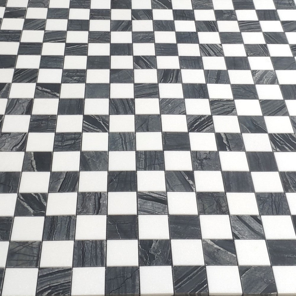 Silver Wave Black Forest Thassos White Marble Checkerboard Tile Honed, 1 sheet