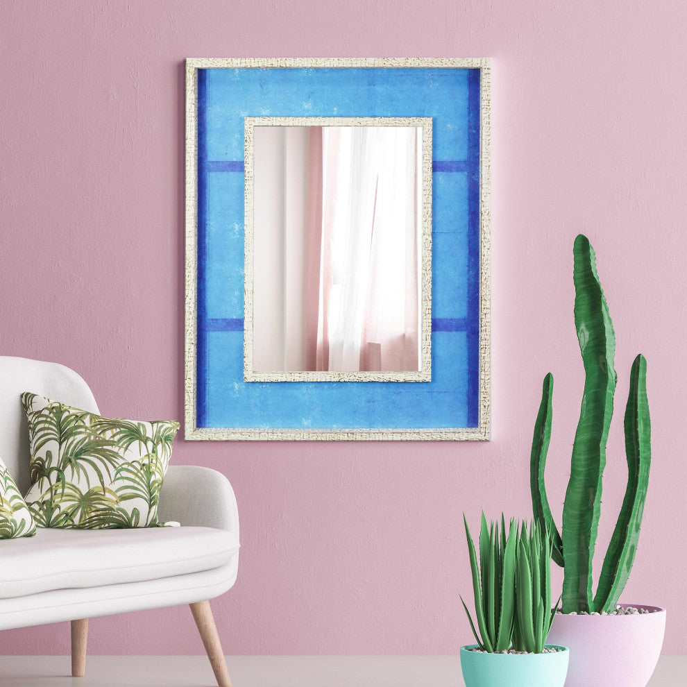 Blue Linear Print Distressed White Raised Lip Double Framed Accent Mirror