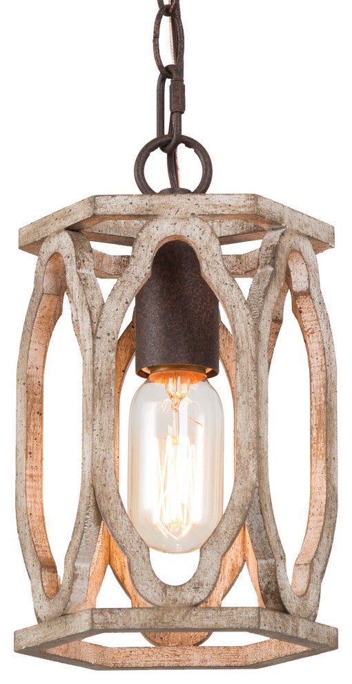 LNC Farmhouse 1-Light Distressed wood and rusty bronze Cylinder Mini Chandelier