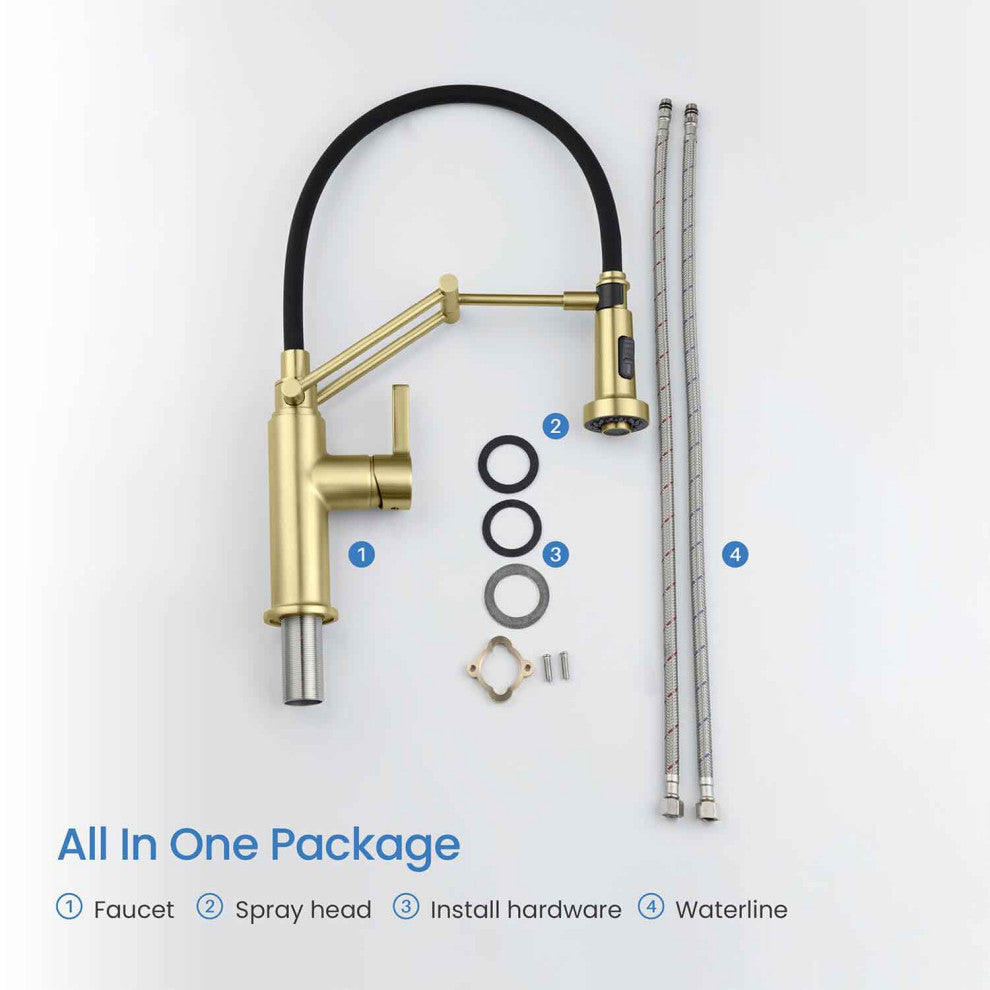 Engel Single Handle Pull Down Kitchen Faucet, Brushed Gold