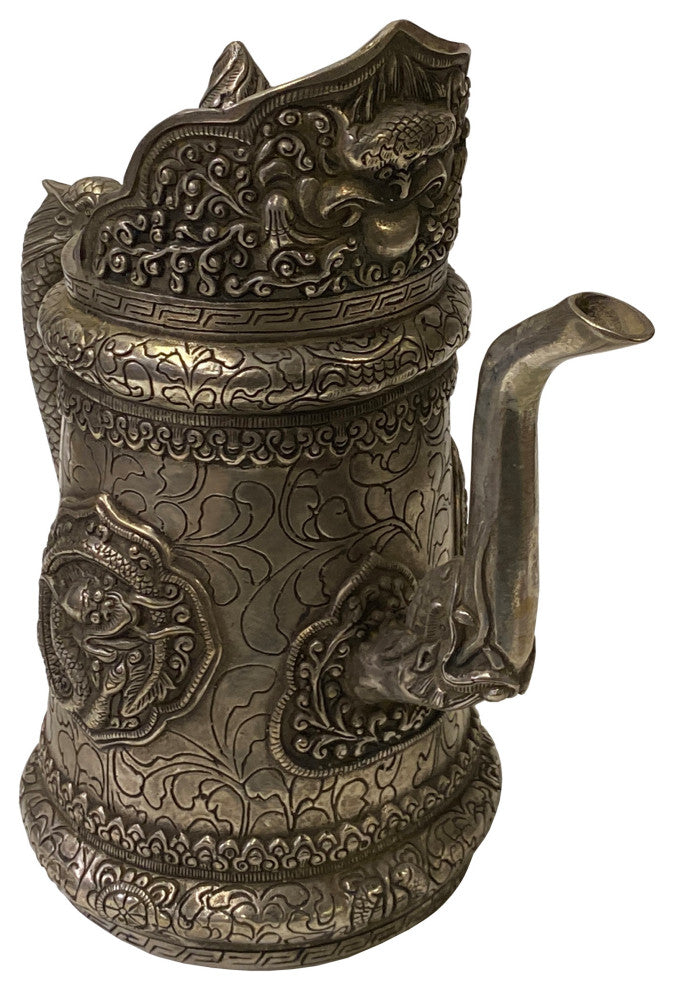 Chinese Handmade Metal Silver Color Dragons Vase Teapot Jar Display Hws1830