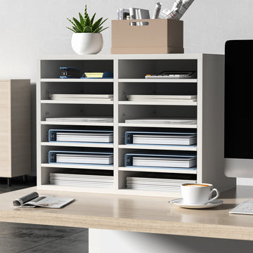 12 Compartments Wood File Organiser Office Mailbox with Adjustable Shelves, White