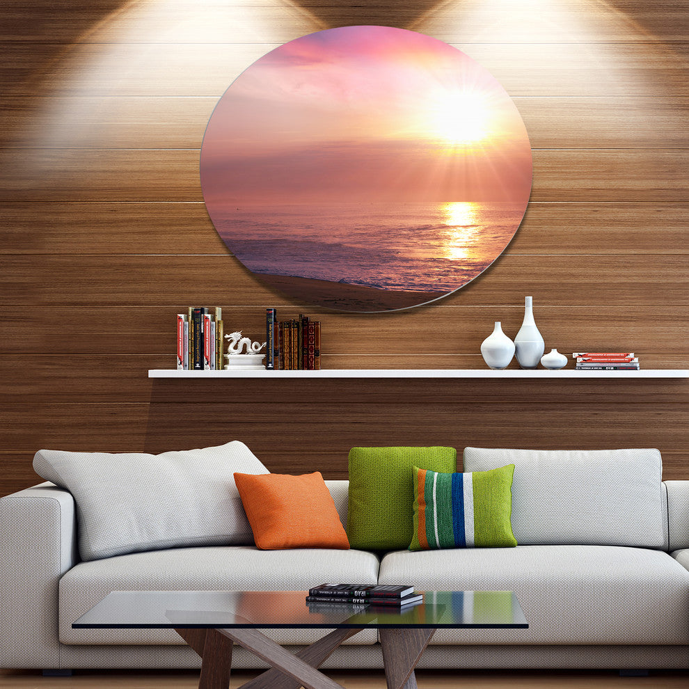 Purple Tinged Seashore At Sunset, Seashore Round Wall Art, 23"