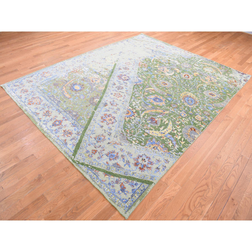 Green Rug, on Rug, Design Hand Knotted Silk With Textured Wool Rug, 7'9"x9'10"