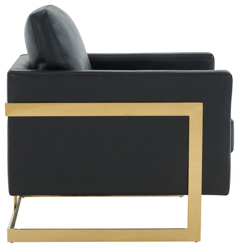 LeisureMod LA31BL-L Lincoln Black Leather Accent Armchair With Gold Frame