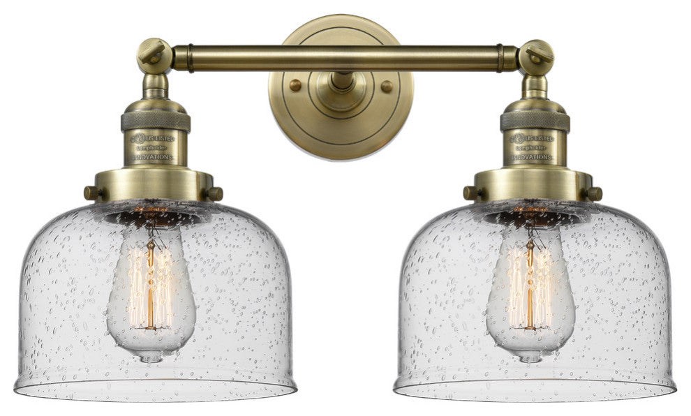 2-Light Large Bell 19" Bath Fixture, Antique Brass, Glass: Seedy