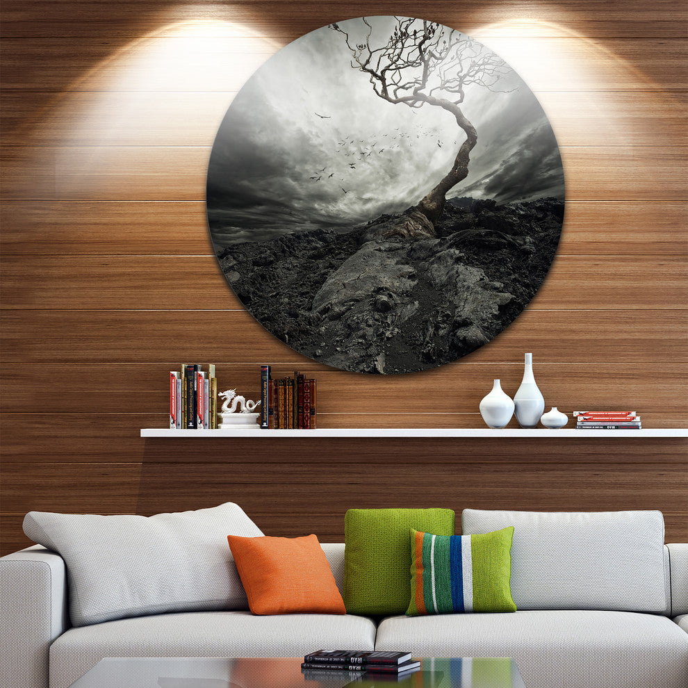 Lonely Tree Under Dramatic Sky, Landscape Round Metal Wall Art, 38"