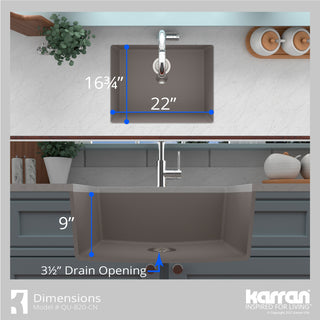 Karran QU-820 Undermount 24.38, Single Bowl Quartz Sink Kit, Concrete