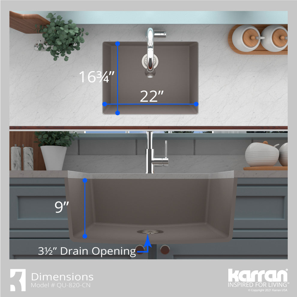 Karran QU-820 Undermount 24.38, Single Bowl Quartz Sink Kit, Concrete