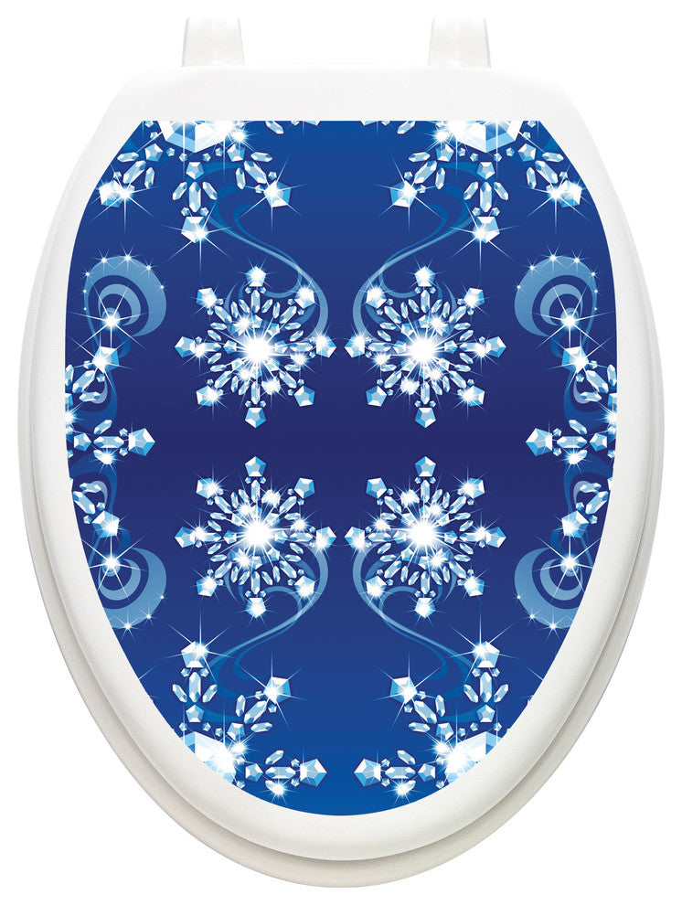 Snow Crystals Toilet Tattoos Seat Cover, Vinyl Lid Decal, Winter Bathroom Decor, Elongated