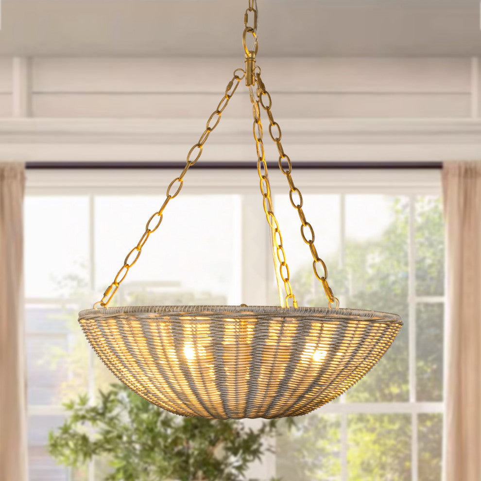 19.69-inch Beige Farmhouse Rattan 3-Light Chandeliers