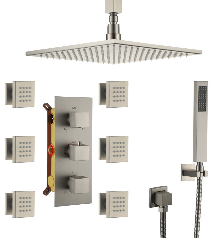 CASAINC 12" Ceiling Mounted Luxury LED Shower Head Handheld Spray, Brushed Nickel