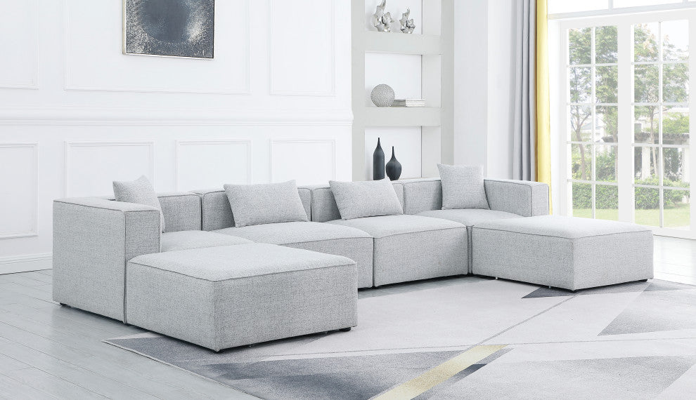 Cube Upholstered Modular Sectional, Gray, 6-Piece: 2 Armless Chair, 2 Corner Chair, 2 Ottoman, Linen Texured Fabric