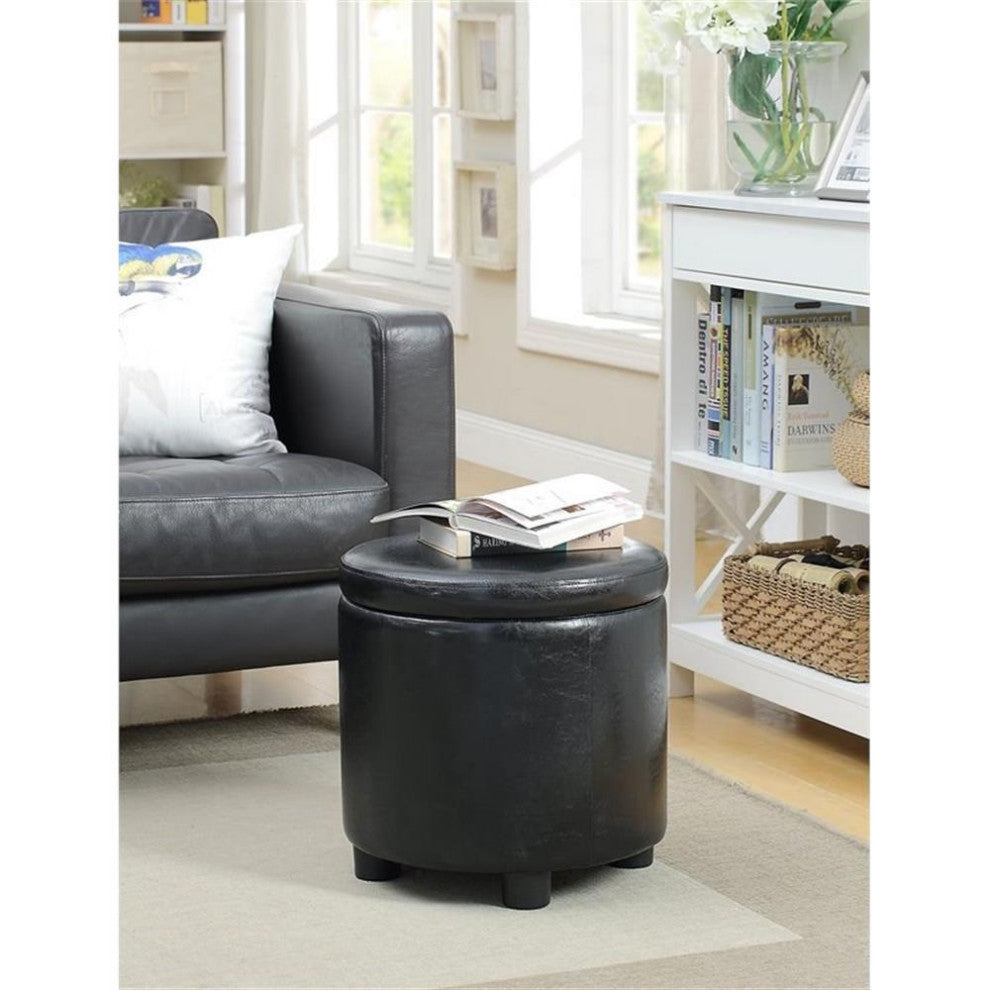 Designs4Comfort Round Accent Storage Ottoman in Black Faux Leather Fabric