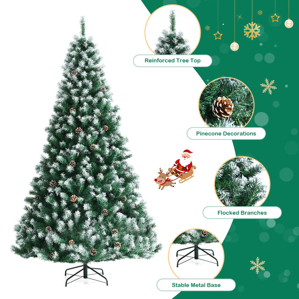 Costway 6ft Snow Flocked Hinged Christmas Tree w/1000 Branch Tips & Pine Cones