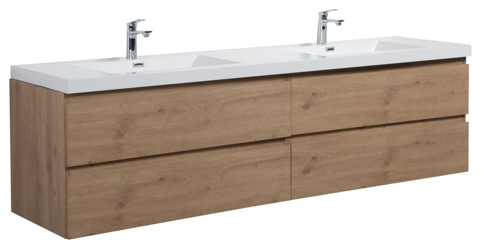 Aurora Wall Mount Vanity, White Acrylic Top, Sonoma Oak, 84"