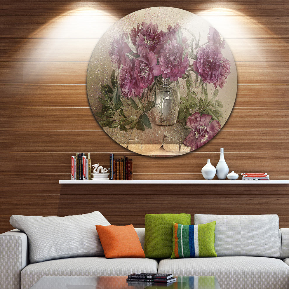 Bouquet Of Pink Peonies, Floral Large Disc Metal Wall Art, 11"