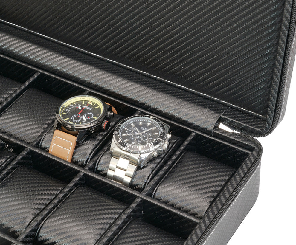 24 Slot Watch Briefcase, Black Carbon Fiber Zippered Travel Storage Case